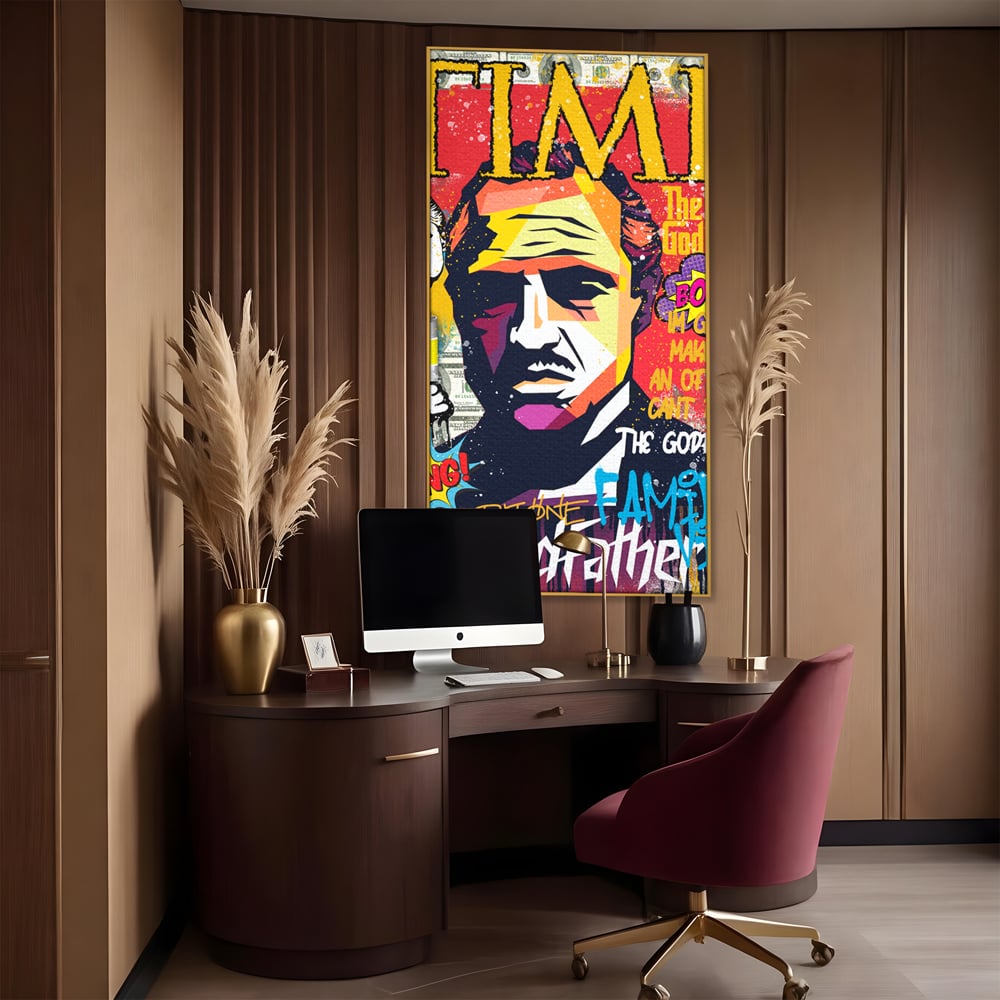 Tablou canvas cu tablou canvas portret mafiot stil pop art, in rama de aluminiu auriu, pe perete intr-un birou